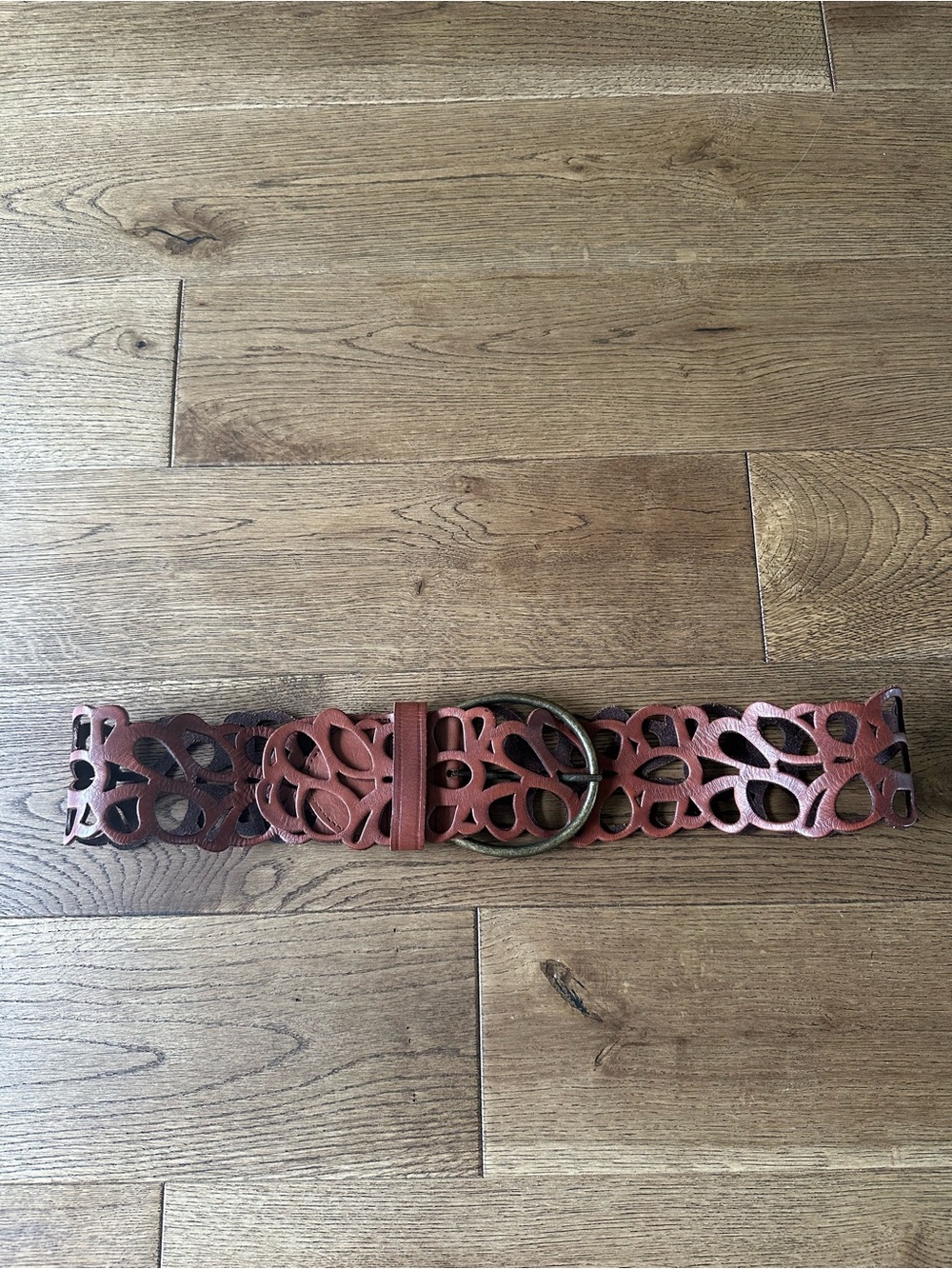 New Garnet Hill Laser Cut Leather Wide Belt Brass Finish Buckle Sz 34